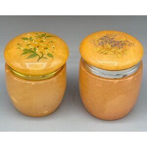 2 Vtg Alabaster Floral Trinket Jars Hinged Lids Made in Italy